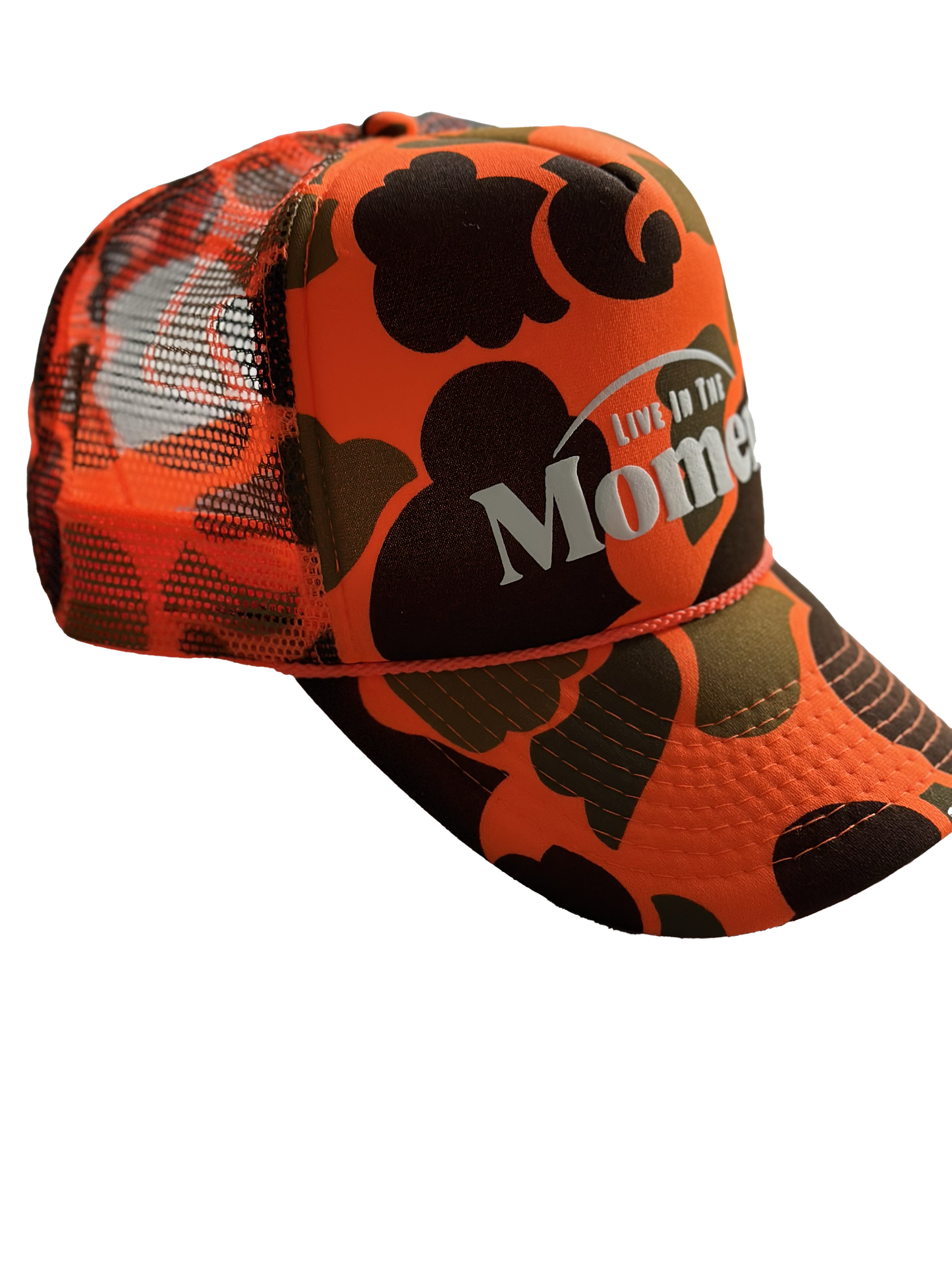 Live In The Moment (Orange camo) Trucker